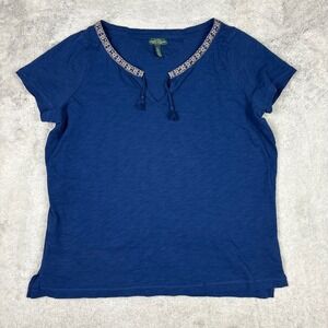 LRL Ralph Lauren Jeans Blue Embroidered Tassel V Neck T Shirt  1X Boho Western